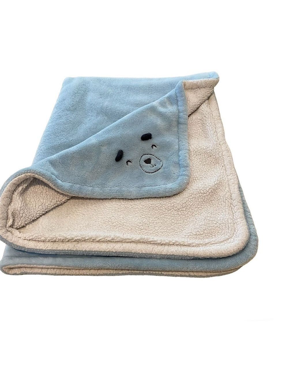 Carters Dog Face Puppy Baby Blanket Blue Plush White Sherpa Lovey Throw Crib Boy